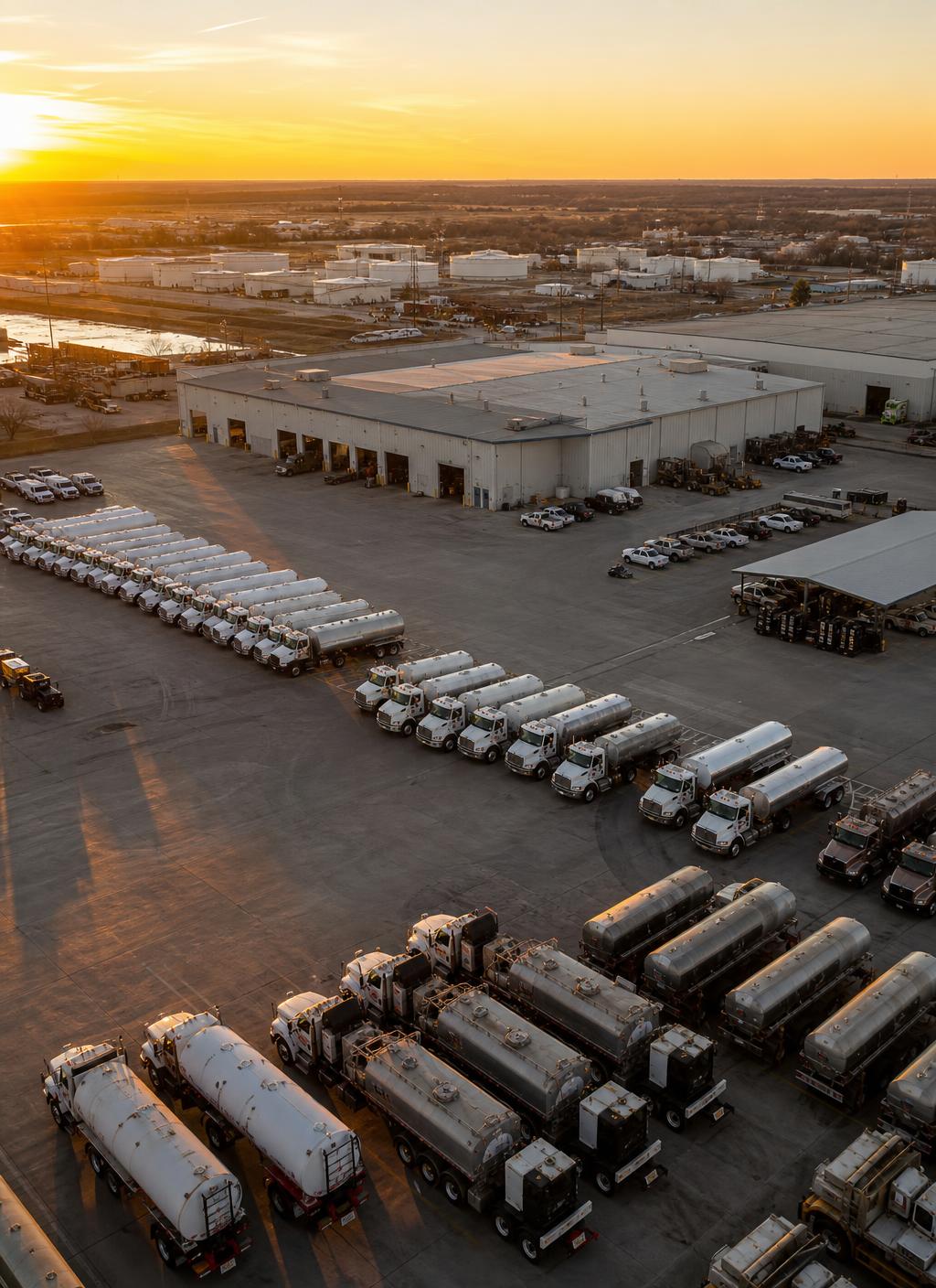 Aerial view of an industrial tanker fleet yard at golden hour